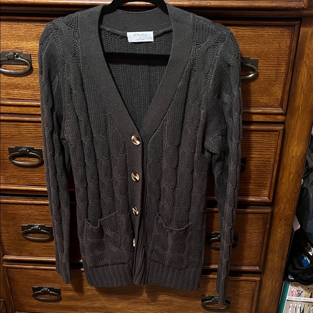 Zenana Outfitters Charcoal Knit Cardigan with Brass Buttons